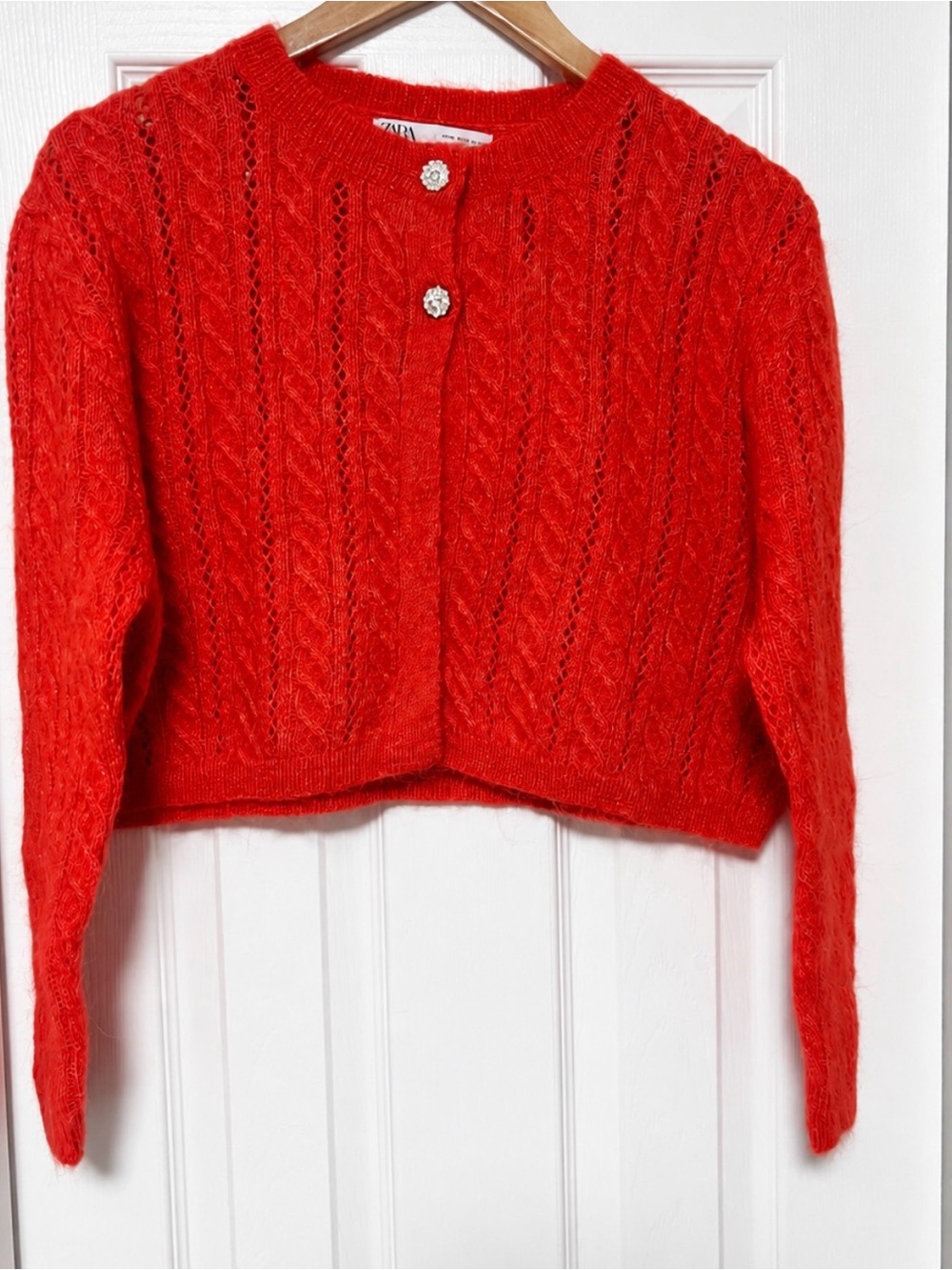 NWT Zara Red Alpaca Wool Blend Crop Cardigan Rhinestone Buttons Sz M - Picture 3 of 8